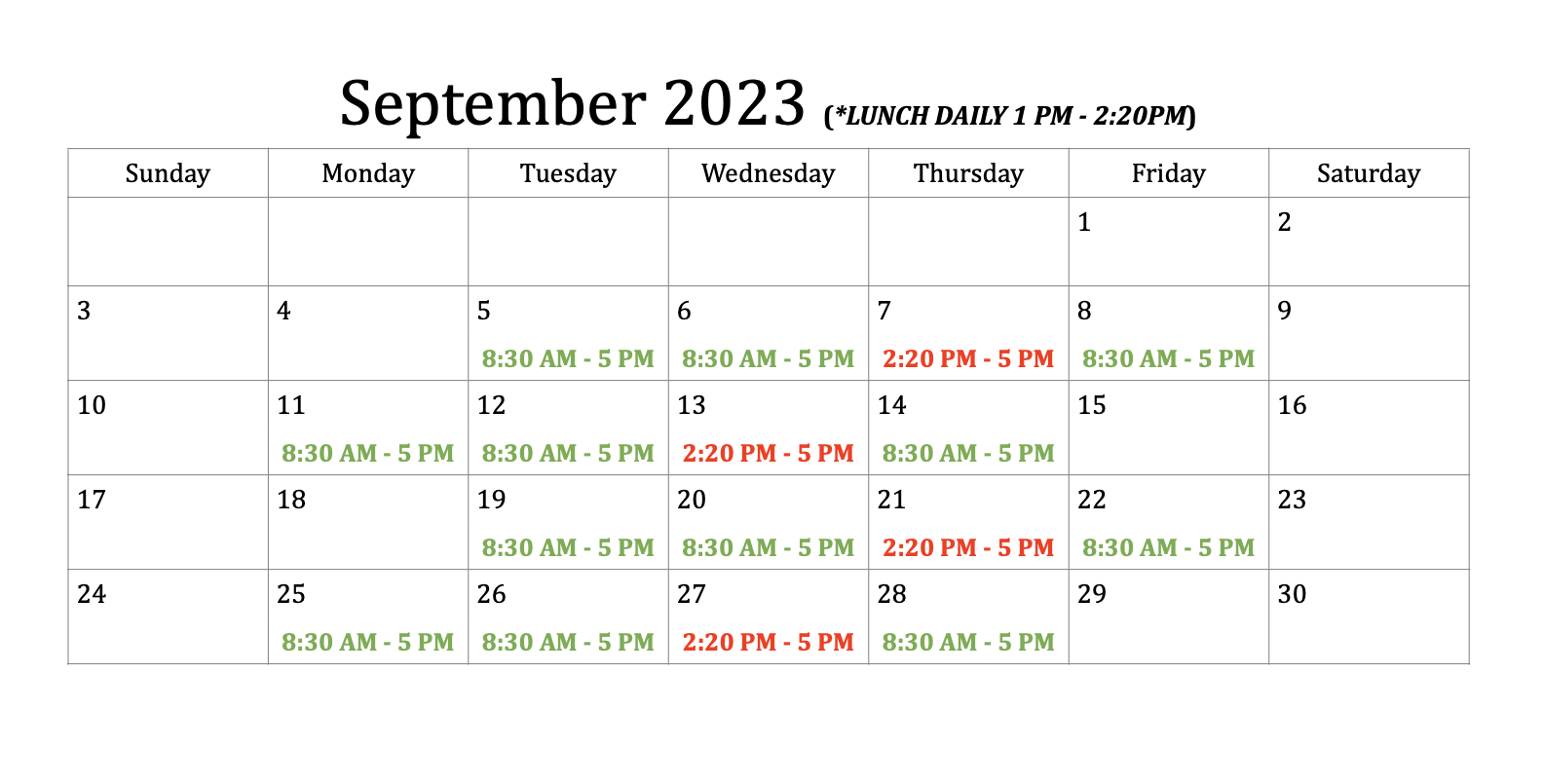 ‎September Dates & Hours.‎1