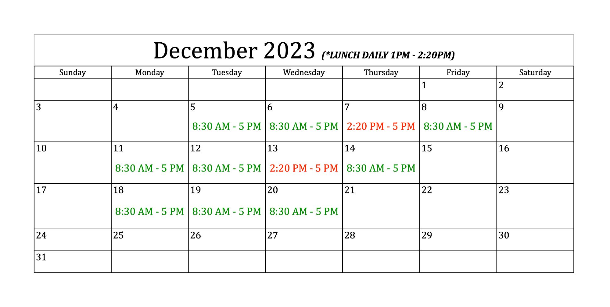 Sonoma December Calendar
