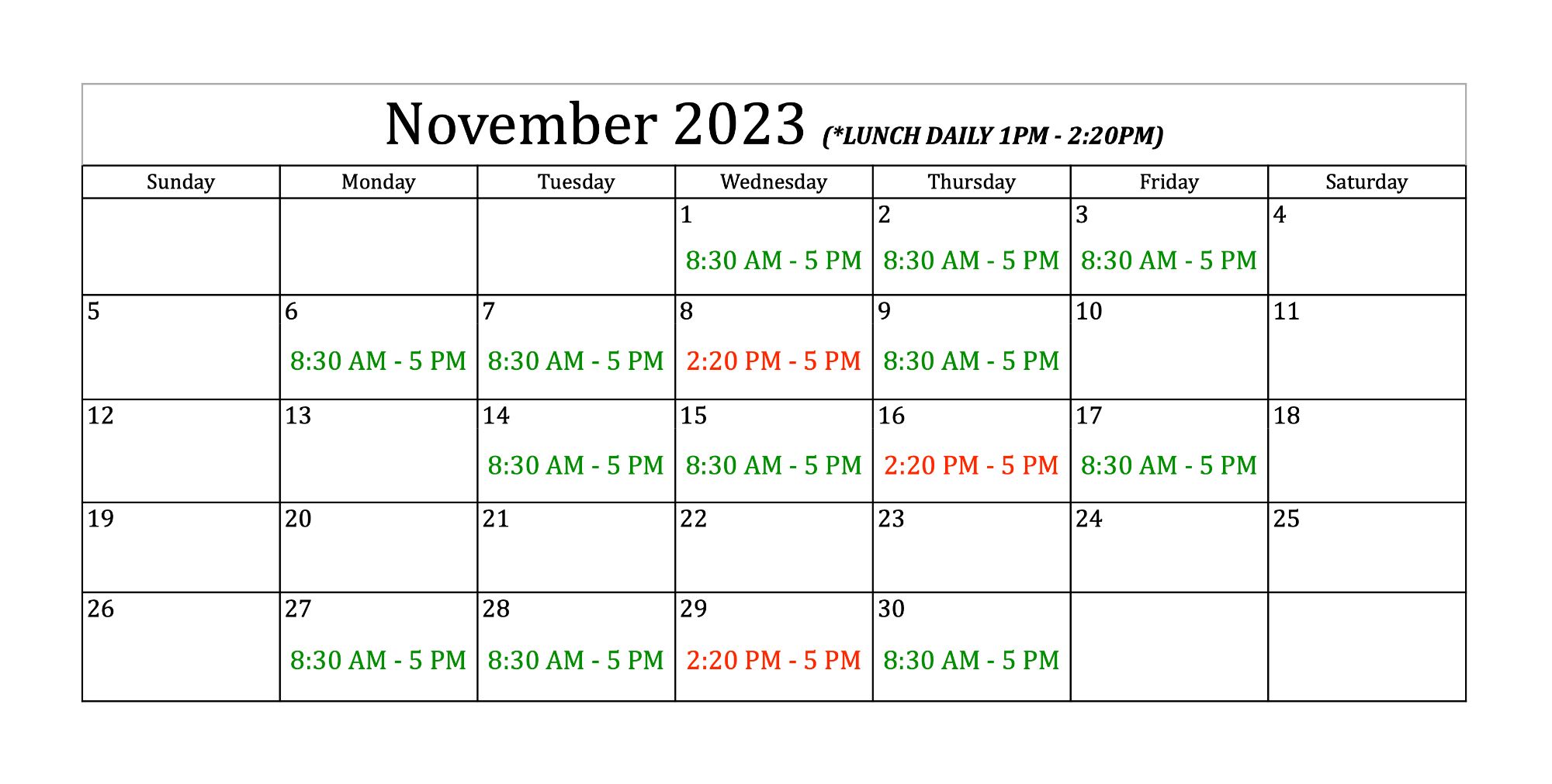 Sonoma November Calendar
