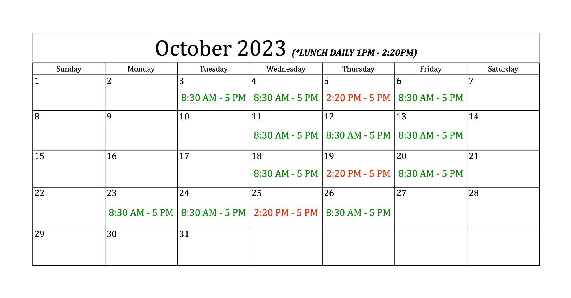 Sonoma October Calendar
